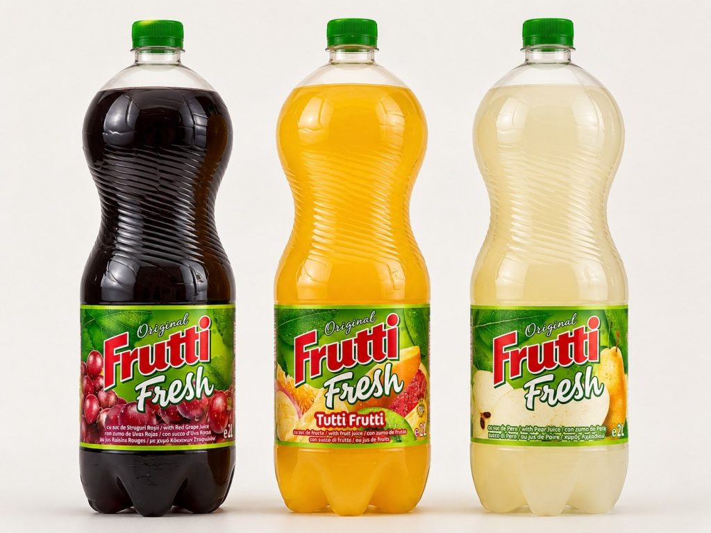 Băuturi răcoritoare Frutti Fresh cu aromă de struguri roșii, Tutti Frutti și pere disponibile în magazinul JerezMagazin din Jerez de la Frontera, Spania.